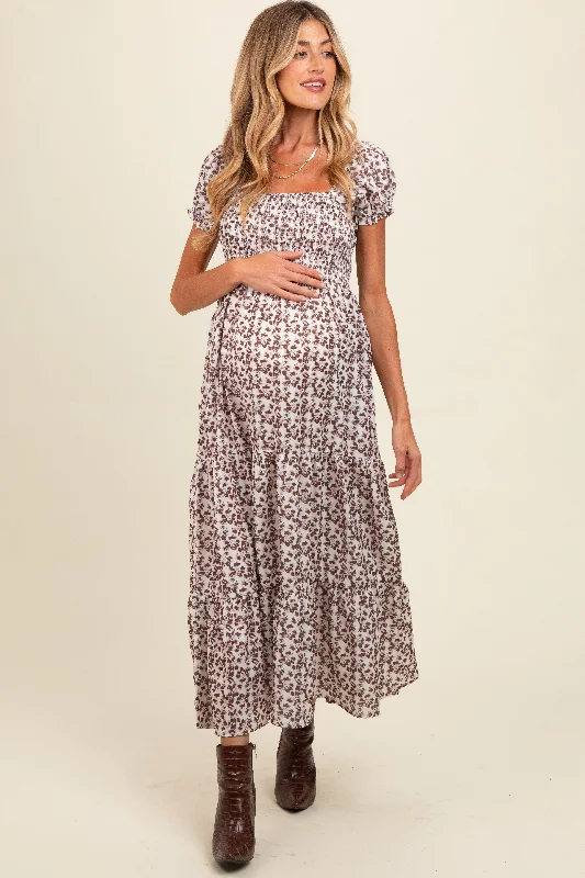 Bridal DressBrown Floral Puff Sleeve Smocked Maternity Maxi Dress