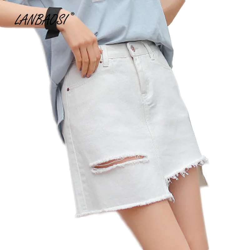 LANBAOSI White Ripped Jeans Miniskirts for Women High Waist Frayed Hem Denim Mini Skirts Cowgirl Female Jean SkirtDenim Skirt