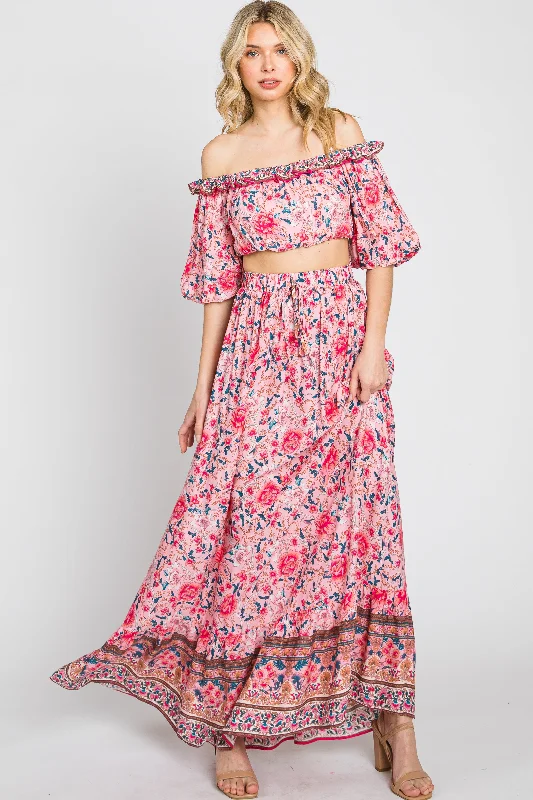 Pink Floral Off Shoulder Maxi Skirt SetTennis Skirt