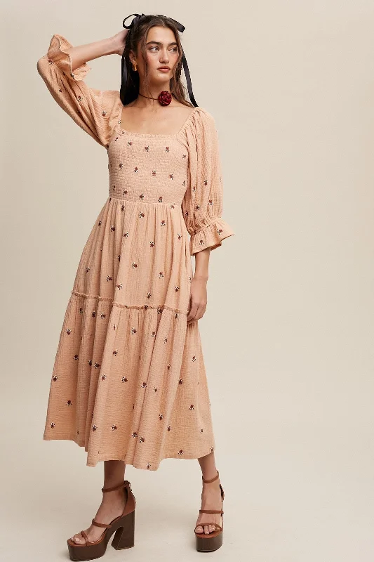 Cocktail DressBlush Ditzy Floral Embroidery Puff Sleeve Maxi Dress