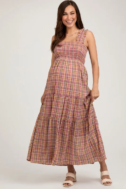 High-visibility DressMulti-Color Plaid Sleeveless Ruffle Maternity Maxi Dress