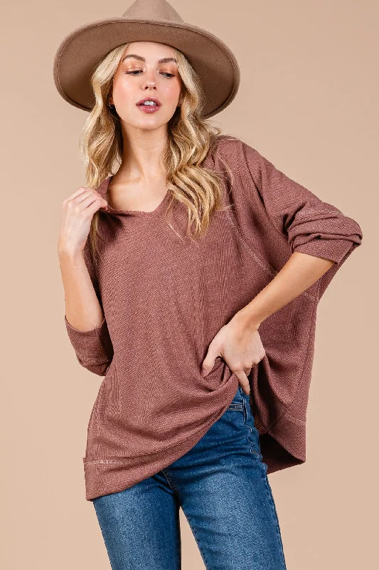 Mocha Oversized V-Neck Waffle Knit Long Sleeve Top