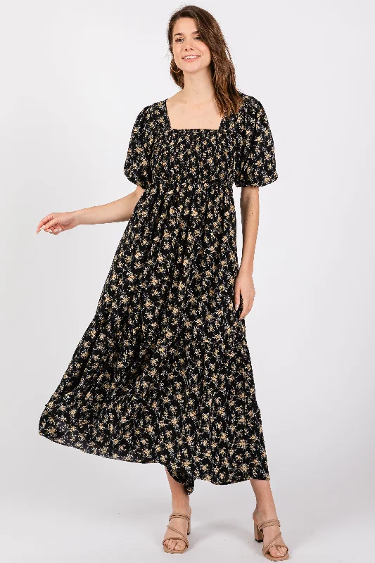 Striped DressBlack Floral Smocked Square Neck Short Puff Sleeve Midi Dress