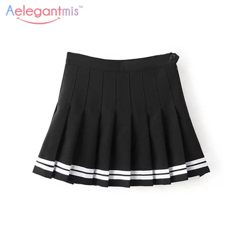 Aelegantmis Sweet Pleated Skirt Women Preppy Style Mini High Waist Skirt Girls Vintage Black White Cute School Uniforms SkirtsOffice Skirt