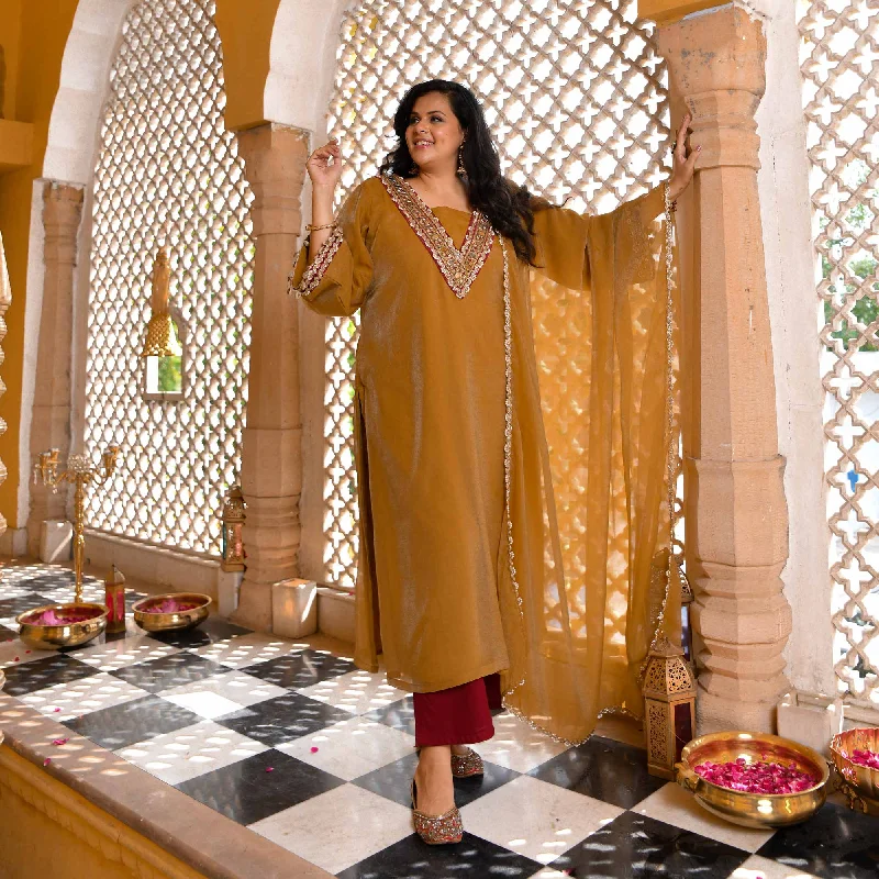 Ochre Gold & Glam Mirror Embroidered Tissue Silk Suit Set