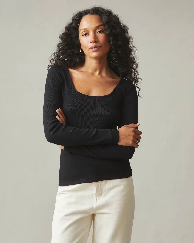 Stretch Rib Square Neck Long Sleeve - Black