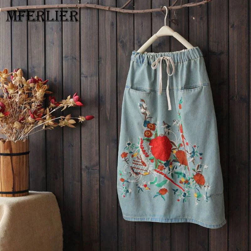 Mferlier Mori Girl Summer Embroidery Denim Skirts Bow Elastic Waist Pocket Artsy Vintage All Match Womens SkirtsPlaid Skirt