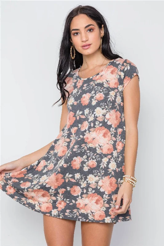 Rain DressCharcoal Floral Print Short Sleeve Tunic Mini Dress / 1-2-1