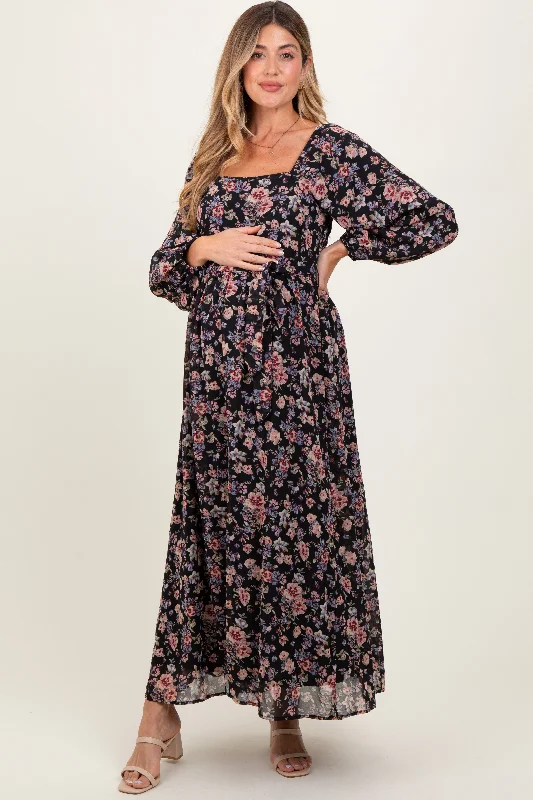 Dirndl DressBlack Floral Square Neck Front Tie Maternity Midi Dress