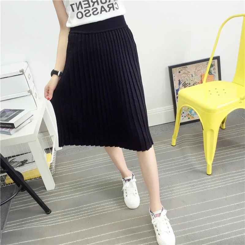 Women's Cute Pleated Korean Midi Skirt 2016 Autumn Winter Casual High Waist Stretchy Knitted Cotton Wool Slim Black Skirts SK104Over Skirt