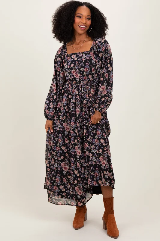 Prairie DressBlack Floral Square Neck Front Tie Midi Dress