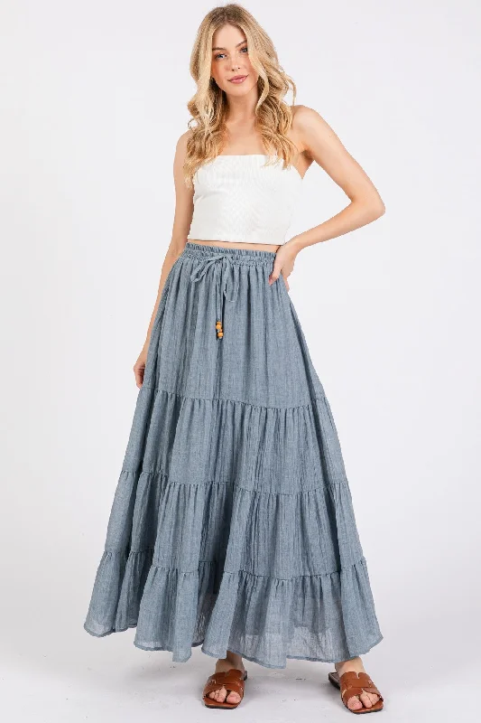 Blue Drawstring Tiered Maxi SkirtMini Skirt