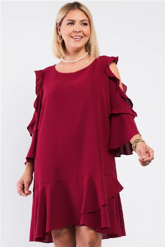 Ballet DressJunior Plus Rose-Wood Midi Sleeve Flare Hem Layered Bottom Off-The-Shoulder Mini Dress /1-1-1