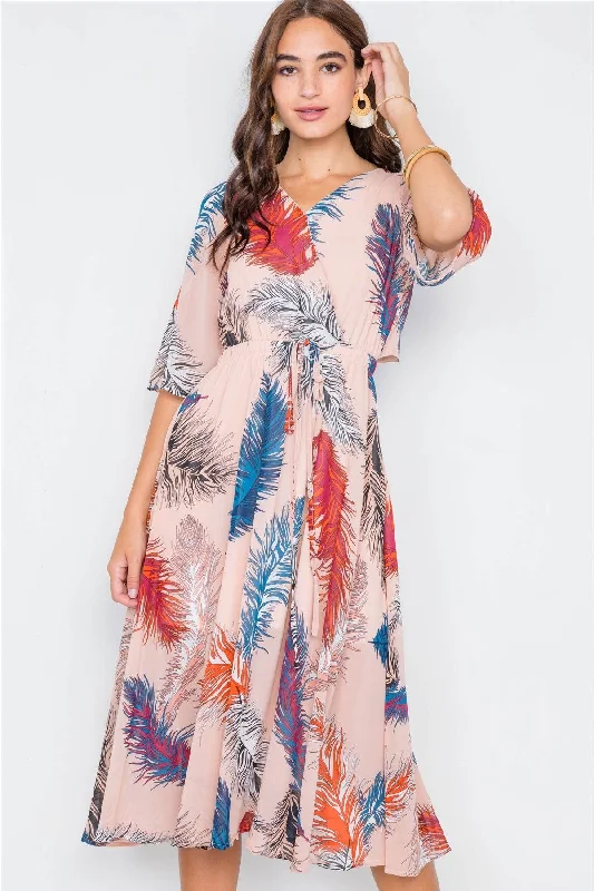 Chiffon DressMulti Floral Print V-Neck Sheer Midi Dress /2-2-2