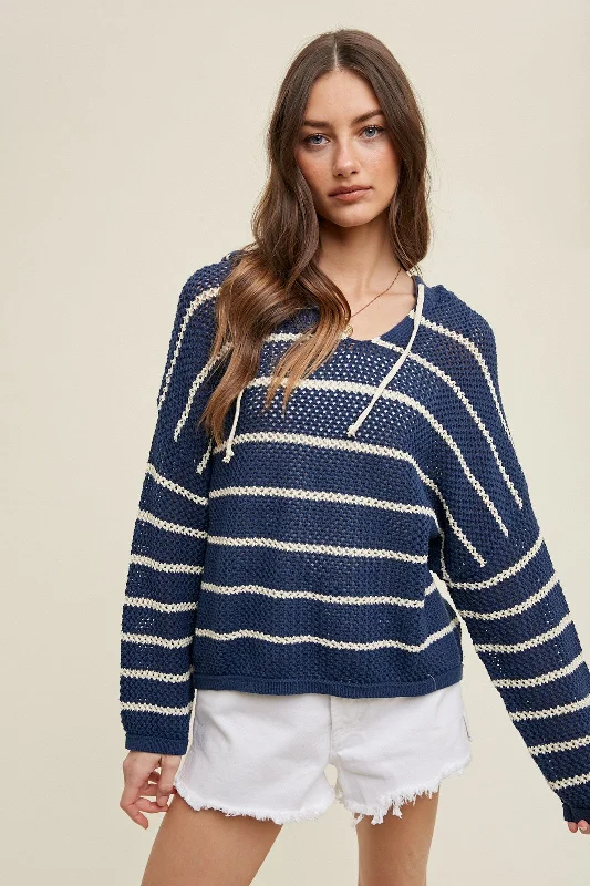 Navy Striped Open Knit Hooded Long Sleeve Top