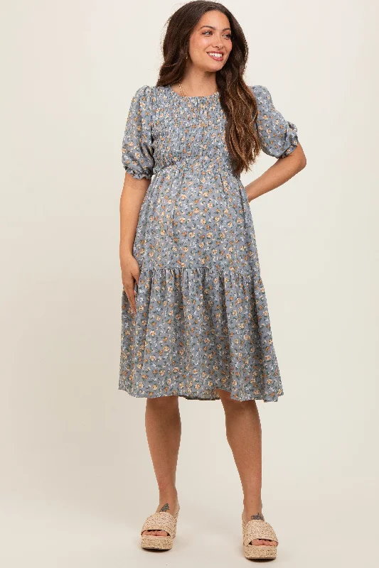 Running DressBlue Floral Smocked Maternity Midi Dress