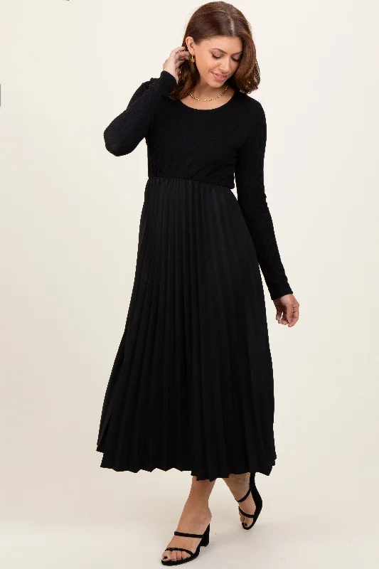 Black Knit Contrast Pleated Skirt Midi DressMaxi Skirt