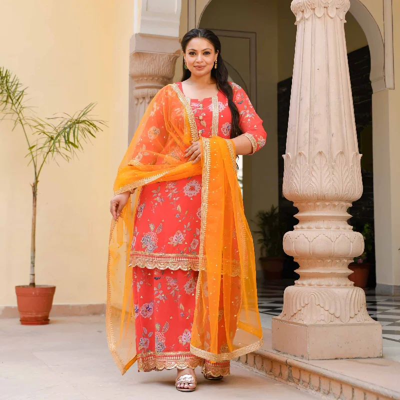 Citrus Marigold Floral Georgette Suit Set