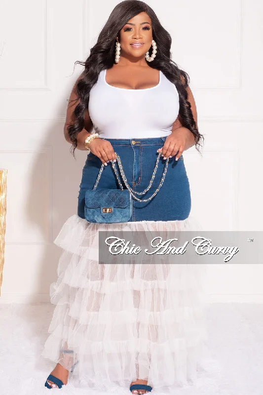 Final Sale Plus Size Denim Skirt with Tulle Layered Bottom in Off WhiteGala Skirt