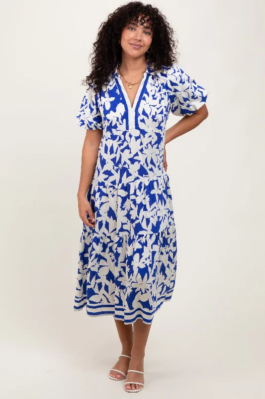 Tactical DressBlue Botanical Print A Line Tiered Dress