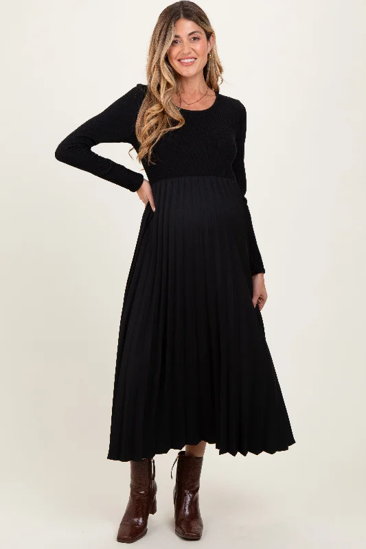 Black Knit Contrast Pleated Skirt Maternity Midi DressMidi Skirt