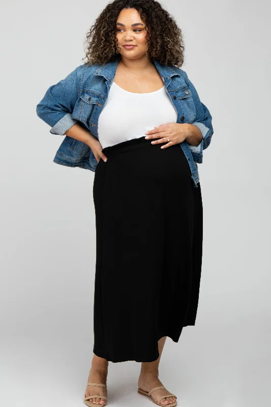 Black Gathered Waist Maternity Plus Midi SkirtSchool Skirt