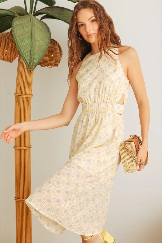 Tennis DressIvory & Yellow Floral Sleeveless Cut-Out Midi Dress /1-3-3