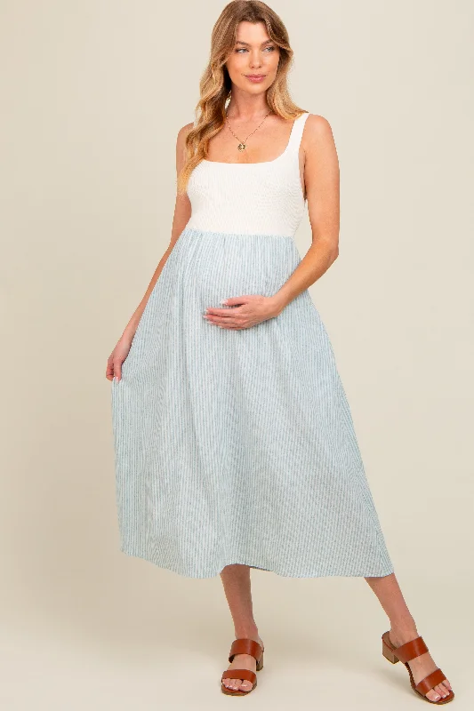 Casual DressLight Blue Striped Knit Contrast Maternity Midi Dress