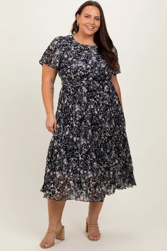 Ethnic DressBlack Floral Pleated Plus Midi Dress