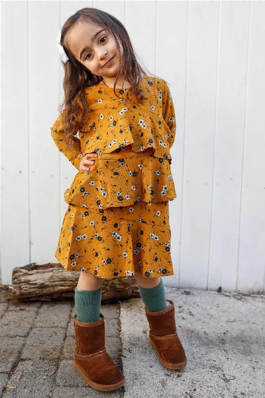 Victorian DressToddler Girls Mustard Floral Print Ruffle Dress /1-1-2-2