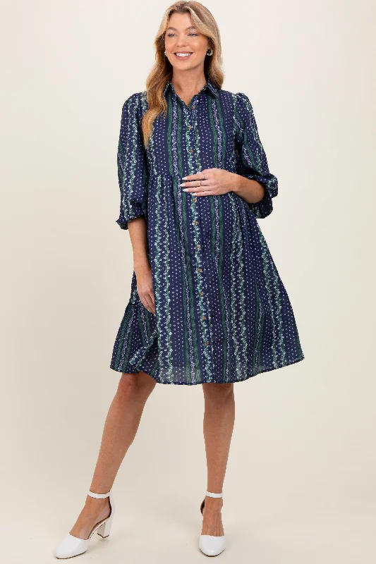 Tennis DressNavy Floral Striped Button Down Maternity Midi Dress