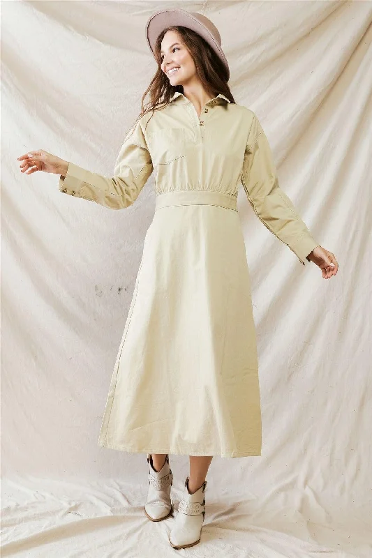 Gypsy DressBeige Cotton Material Button-Up Collared Neck Maxi Dress /1-2-2-1