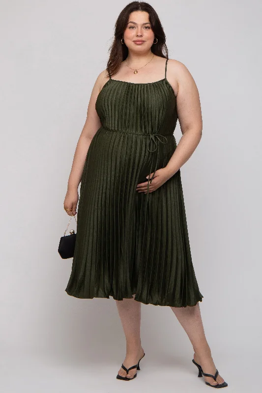 Uniform DressForest Green Pleated Sleeveless Waist Tie Maternity Plus Maxi Dress