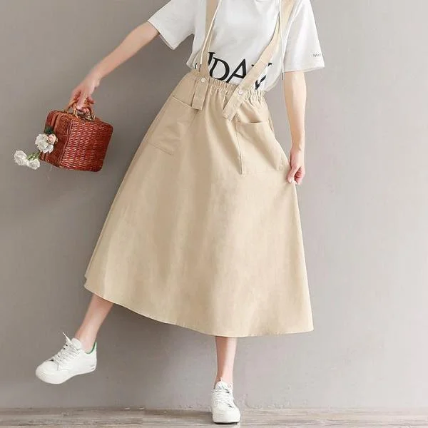 Mferlier Summer Womens Skirts Elastic Waist Removable Strap Two Front Pocket Cotton Linen Artsy Female Casual SkirtsStriped Skirt