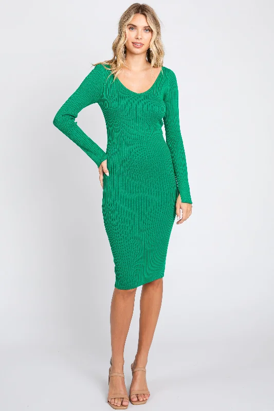 Green Ribbed Knit Long Sleeve Fitted Dress