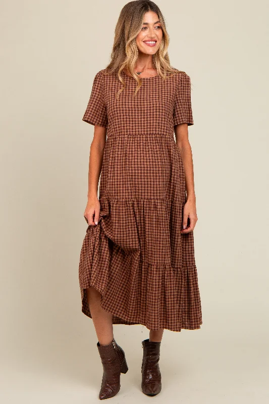 Hiking DressMocha Gingham Tiered Maternity Midi Dress