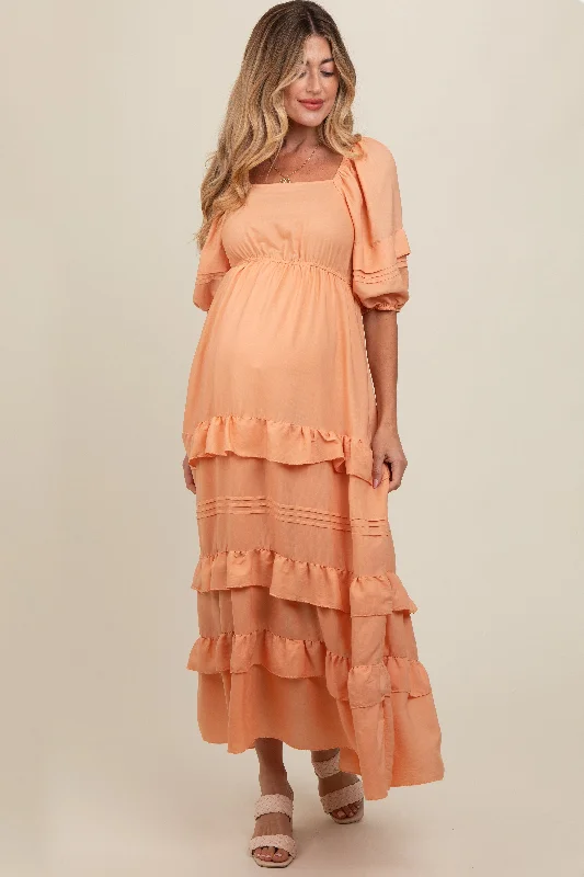 Crinoline DressPeach Ruffle Tiered Maternity Maxi Dress