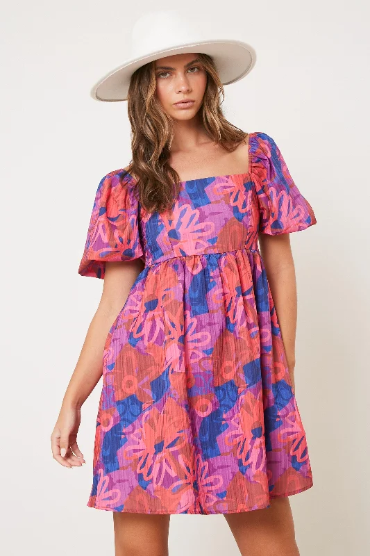 Opaque DressPink Floral Square Neck Puff Sleeve Dress