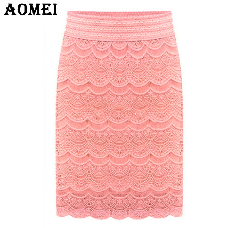 5XL  XXL Women Lace High Waist Skirts Beige Knee Length brief Office ladies faldas Praia bottoms Grunge Skort 2018 Spring SummerHiking Skirt