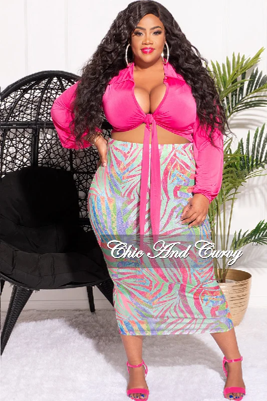 Final Sale Plus Size 2pc Long Sleeve Faux Wrap Collar Fuchsia Crop Tie Top and Skirt Set in Multi Color PrintCheerleader Skirt