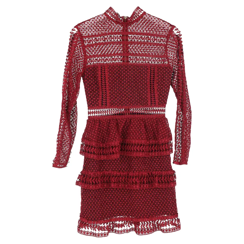 Self-Portrait Lace Detail Mini Long Sleeve Dress in Burgundy Polyester