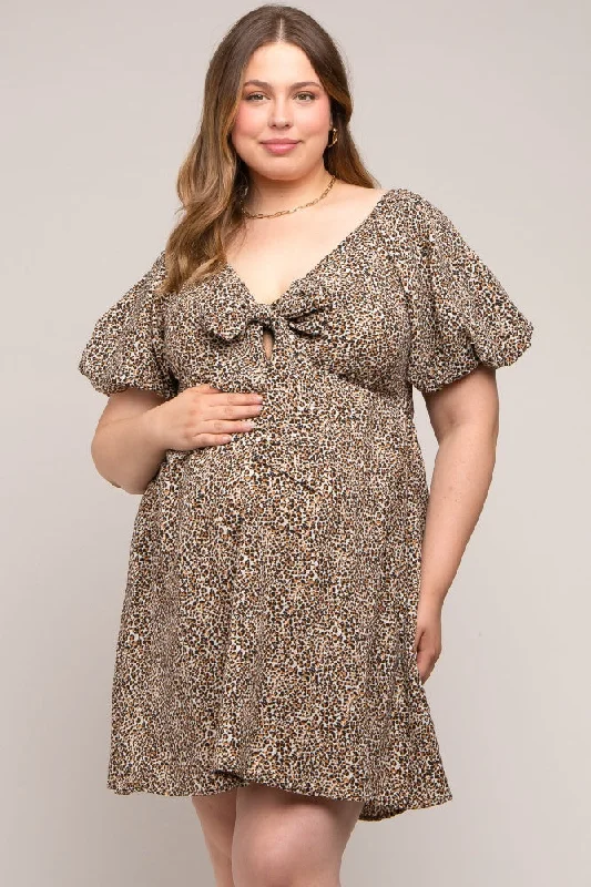 Fit-and-Flare DressCream Cheetah Print Knotted Puff Sleeve Plus Maternity Dress