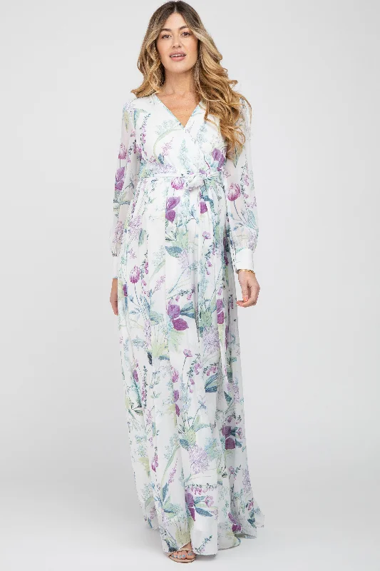 White Floral Chiffon Long Sleeve Pleated Maternity Maxi Dress