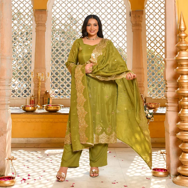 Lush Lime - Green Pure Tissue Silk Embroidered Suit Set