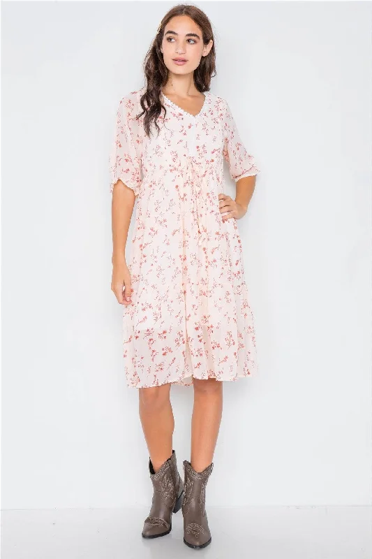 A-line DressLight Pink Floral Sheer Midi Dress /2-2-2