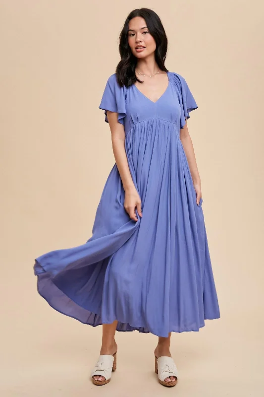 Evening DressBlue V-Neck Flutter Short Sleeve Midi Dress