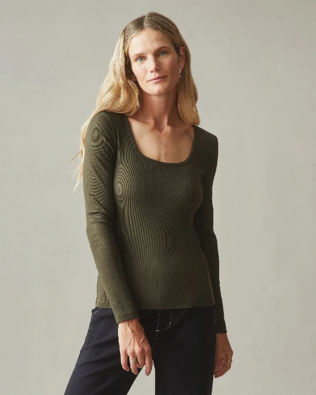 Stretch Rib Square Neck Long Sleeve - Deep Olive