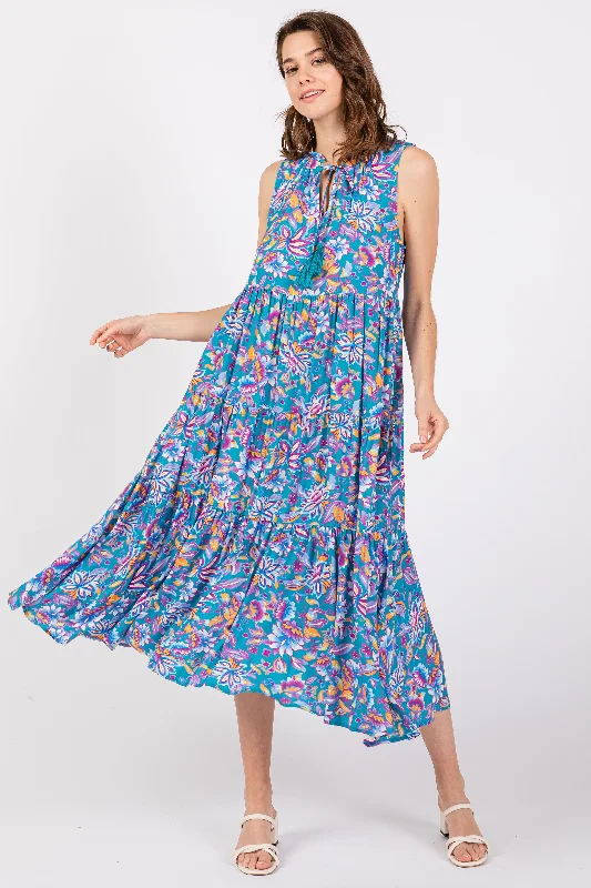 Kimono DressTeal Floral Ruffle Mock Neck Tiered Sleeveless Midi Dress