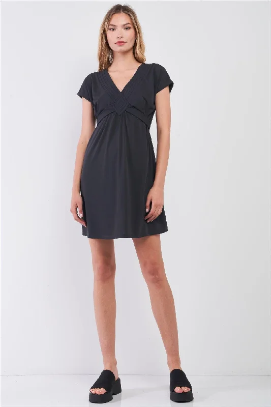 Spaghetti Strap DressDusty-Navy V-Neck Short Sleeve Front Rhombus Detail Back Tie Mini Dress /2-2-2