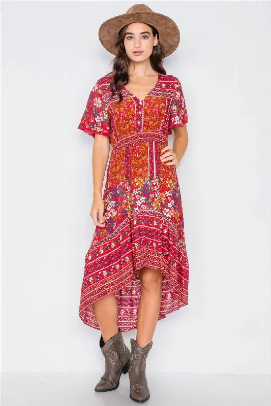 Midi DressRed Floral High-Low V-Neck Midi Dress /2-2